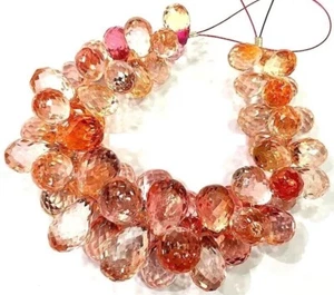 Rare Padparadscha Peach Sapphire Faceted Teardrops 8-12mm Gemstone Beads, 8 Inch - Picture 1 of 4