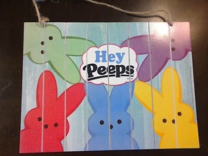Peeps Bunnies Bunny Welcome Hanging Wood Sign "Hey Peeps" New  - Picture 1 of 2