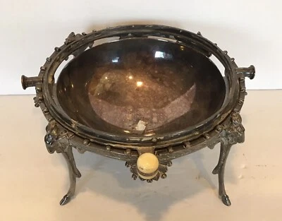 Antiguo calentador buffet bola redonda placa de plata servidor cabezas de cabra como está Foto 1 de 4