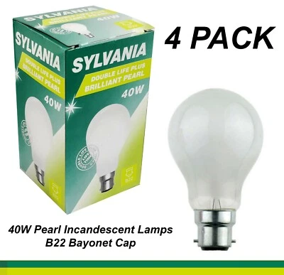 4 x 40W Incandescent Light Globes Bulbs B22 Bayonet Warm White Dimmable Pearl - Image 1 of 3