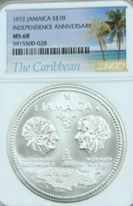 1972 JAMAICA SILVER 10 DOLLARS INDEPENDENCE ANNIVERSARY NGC MS 68 GEM BU BEAUTY - Picture 1 of 5