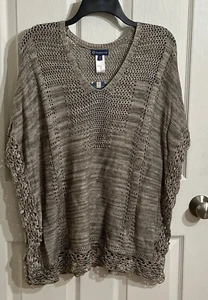 democracy Women’s Large Taupe crochet scallop edge sweater Poncho New $88 NWT - Picture 1 of 8
