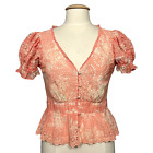 LoveShackFancy Womens Top Medium Annalee Coral Ivory Eyelet Lace Classic Casual