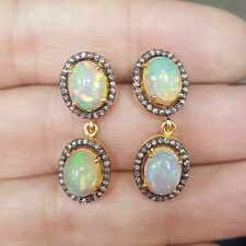 Opal Gemstone Diamond Pave 14K Gold Dangle Earrings 925 Silver Handmade Jewelry