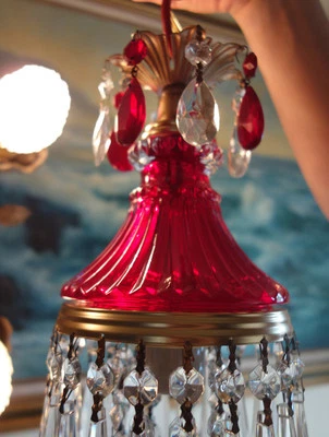 Vintage ruby Lady cupcake glass crystal Brass tole SWAG lamp chandelier accent - Image 1 of 4