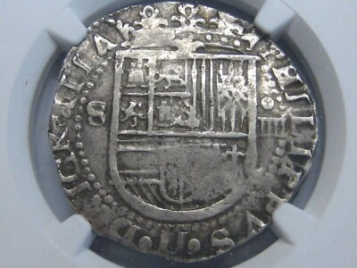 (1556-98) PHILIP II 4 REAL COB NGC AU50 SEVILLA ASSAYER D SILVER COLONIAL ERA - Image 1 of 4