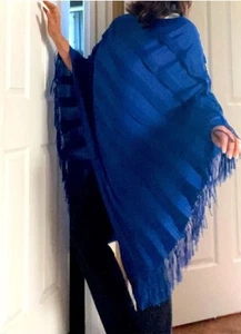 Women's Poncho (Chico’s) Blue Pleated Fringe Lightweight One Size - Picture 1 of 8