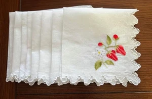 8 Vintage Luncheon Napkins Sheer White w Embroidered Strawberries Scalloped Edge - Picture 1 of 3
