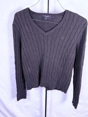 Suéter clásico verde 100 % algodón tejido con cable grande Chaps para mujer Foto 1 de 4