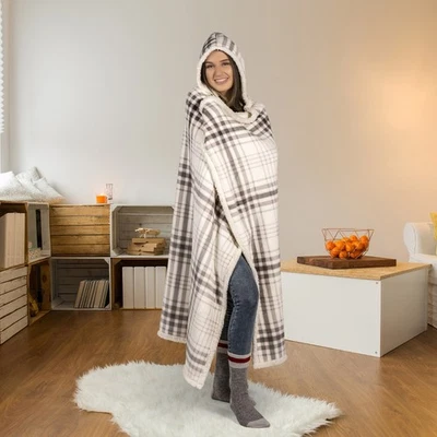Hooded throw wearable blanket grey and white stripes squares - Image 1 of 4