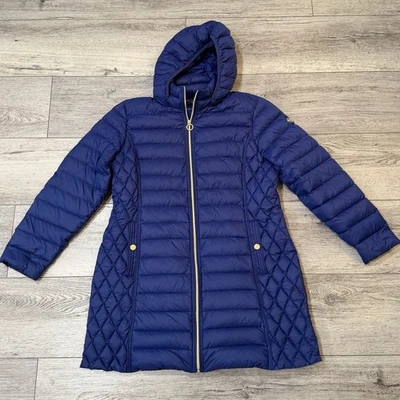 Женское пухлое пальто Michael Kors Packable Down Over Coat XL синее стеганое с капюшоном светлое - Изображение 1 из 4