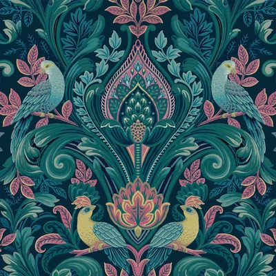 彩色孔雀锦缎纹理乙烯基壁纸海军蓝/粉红色 Grandeco A67801 — 第 1/4 张图片