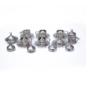 Turkish Espresso Coffee Cups Holders w Saucers Lids Sugar Bowl Set NO INNER CAPS - Picture 1 of 14