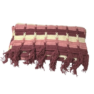 Handmade Crochet Blanket Throw 45"x45" Pink Cream Burgundy Striped Fringe Boho - Image 1 of 4