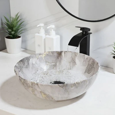Fregadero de baño gris mármol 16" redondo de cerámica con grifo negro Foto 1 de 4