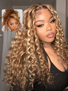 Peluca de cabello humano UNICE Mongolia Highlight rubia onda de agua rizada 13x4 frente de encaje - Imagen 1 de 14