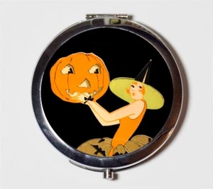 Art Deco Witch Halloween Pumpkin Compact Mirror Make Up Pocket Mirror Cosmetics - Picture 1 of 2