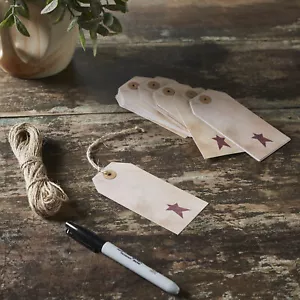 Primitive Star Tea Stained Paper Tag Burgundy 4.75x2.25 w/ Twine Set of 50 - Picture 1 of 6
