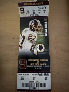 Washington Redskins Vs. New York Giants 12/21/09 #27 Fred Smoot Full Stub - Picture 1 of 2