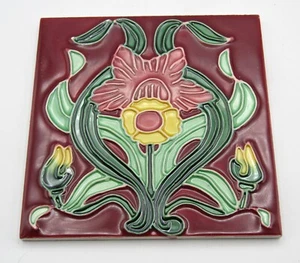 NEATCO DECORATIVE ART NOUVEAU-STYLE CERAMIC TILE (6x6) RED BACKGRND/PINK FLOWER - Picture 1 of 4