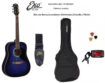 EKO RANGER 6 CHITARRA ACUSTICA BLU SUNBURST KIT BORSA + ACCORDATORE + TRACOLLA - Immagine 1 di 4