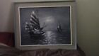 Ships at Sea Painting. Black and White Oil. Frame Size 29 by 23.