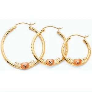 Diamond Cut 14k Two Tone Gold Heart Hoop Earrings Corazón Oro Aretes Arracadas - Picture 1 of 6