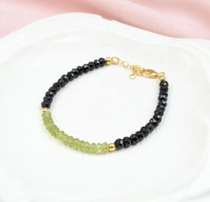 A+ Peridot & Black Spinel 2 Multi Designed Faceted Gemstone Beaded Bracelet 6-8" - Picture 1 of 10