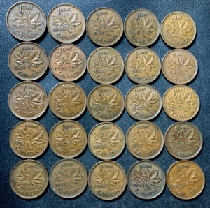 Old Canada Coin Lot - 1937-1952 - KGVI SMALL CENTS - 25 Nice Coins- Lot #O30 - Picture 1 of 1