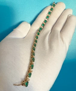 Superb Vintage Rich Green Emerald & Diamond Tennis Bracelet in 14k Yellow Gold - Picture 1 of 15