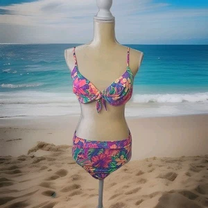 Bikini costume da bagno vintage anni 80 luminoso hawaiano floreale ferretto reggiseno vita alta L XL - Foto 1 di 11