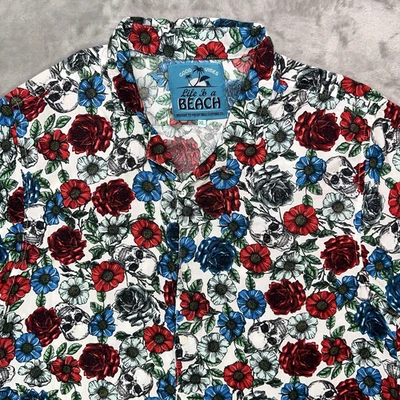 DRILL CLOTHING Hawaiian Shirt Button Up Boy's XL Casual Tropical Skulls Floral - Image 1 of 4
