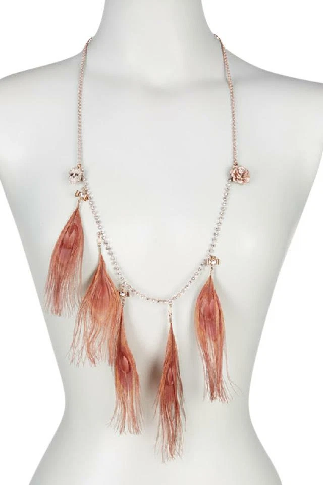 Betsey Johnson Long Peacock Feather & Skull Charm Necklace AB 512