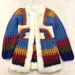 Vintage 1970s rainbow crochet knit cardigan sweater jacket shaggy hippie boho - Picture 1 of 6