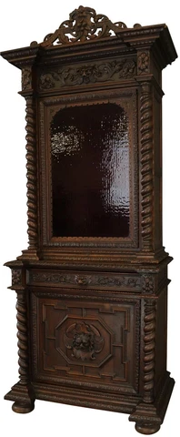 Buffet Hunting Renaissance Antique 1880 Purple Stained Glass Carved Oak Animals Cover
