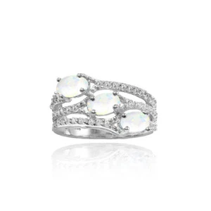 925 Silver Simulated White Opal and white Topaz Oval Three Stone Ring - Picture 1 of 9