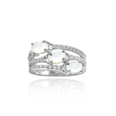 925 Silver Simulated White Opal and white Topaz Oval Three Stone Ring - Image 1 of 3