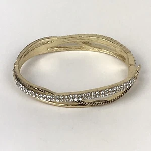 Rhinestone Pave Criss Cross Cuff Bracelet Gold Tone Hinged Mixed Textures 7 1/2" - Picture 1 of 5