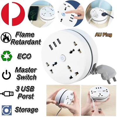 Power Strip Board Socket 3 Outlet Charger Adaptor 3 USB Port Surge Protector AU - Image 1 of 4