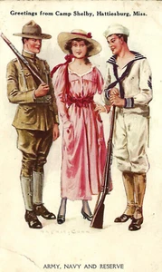 Cartolina patriottica Archie Gunn firmata ""Esercito, Marina e Riserva"" primi anni 1900 UNP - Foto 1 di 2