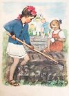 1960 Child Art Little Girls Planting vegetable garden Vintage Postcard
