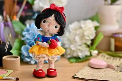 Handmade Crochet Snow White Doll – 24cm Cotton Amigurumi, Movable, Gift Toy - Image 1 of 4