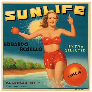ORIGINAL ORANGE KISTEN ETIKETT SPANISCH SPANIEN VINTAGE PIN UP 1950ER JAHRE SONNENLEBEN STRAND - Bild 1 von 1