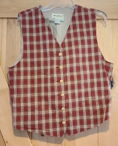 Eddie Bauer Womens Size M Button Front Vest Red Tan Plaid Adjustable Sides - Picture 1 of 11