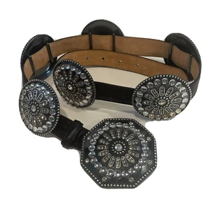 TONY LAMA Austin Glimmer Black Ostrich Rhinestone Concho Beaded Western Belt 32 - Picture 1 of 8