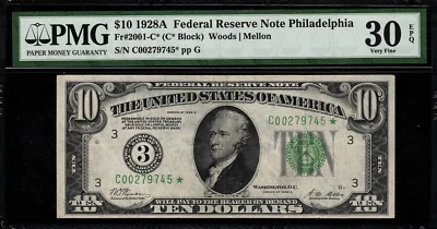 1928A $10 Federal Reserve Note FR-2001-C* - Star Note - PMG 30 EPQ - 10 Known - Image 1 of 2