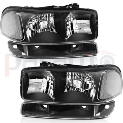 Headlights Assembly For 1999-2007 GMC Sierra 1500 + Bumper Lights Black Housing - Image 1 of 4
