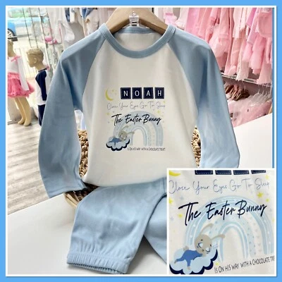 Personalised Boys Easter Pyjamas Blue Pjs Easter Bunnie On His Way 0-10y 2024 — 第 1/4 张图片