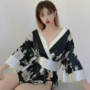 Lady Faux Silk Floral Bathrobe Sleepwear Nightgown Sexy Kimono Yukata Robe - Picture 1 of 11