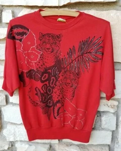 Vintage 80s NEW YORK KNITS Red Leopard Glitter Shirt Dolman Sleeve Ladies S/M - Picture 1 of 3